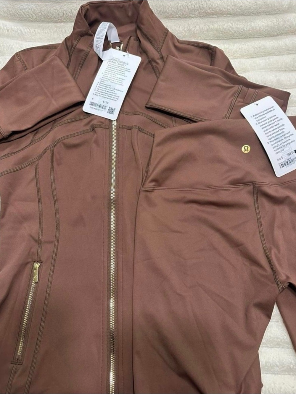 Lululemon athletica Women's Brown Zip Jacket with Flare Leggings & gold hardware